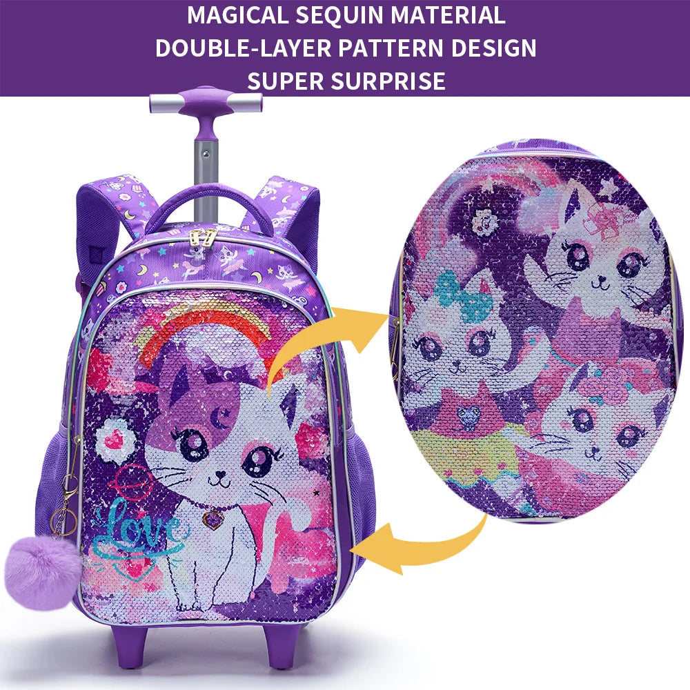 Rolling Backpack Set for Girls - Cute Cartoon Cat Wheeled Bookbag with Lunch Box Pen Bag - ZOOMNSTORE