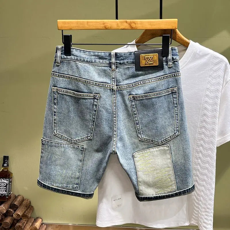 Summer Splicing Fashion Denim Shorts Patch Trendy Brand Handsome High-end Beggar Short Pants Medium Men Clothes Jeans Shorts