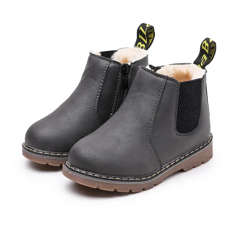 Kids Ankle Boots - Warm Plush Lined Children Winter Boots With Zipper Closure