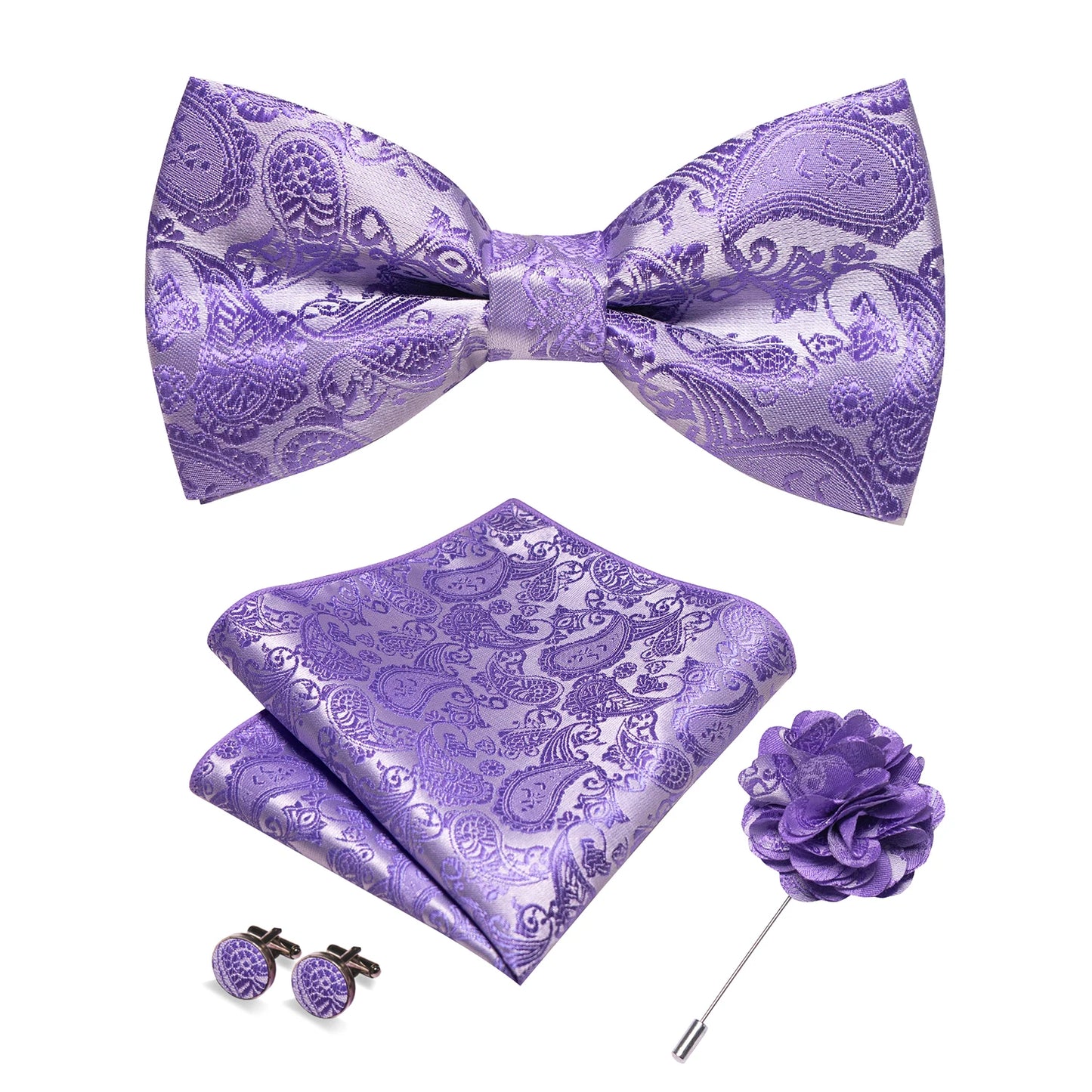 Champagne Silk Jacquard Paisley Bow Tie Set - Pre-tied Bowtie Brooch Hanky Cufflinks for Weddings Business