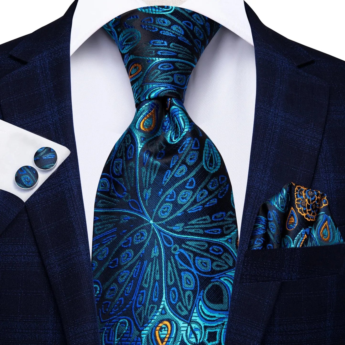 Peacock Blue Silk Wedding Tie Set - Mens Designer Tie with Hanky Cufflinks