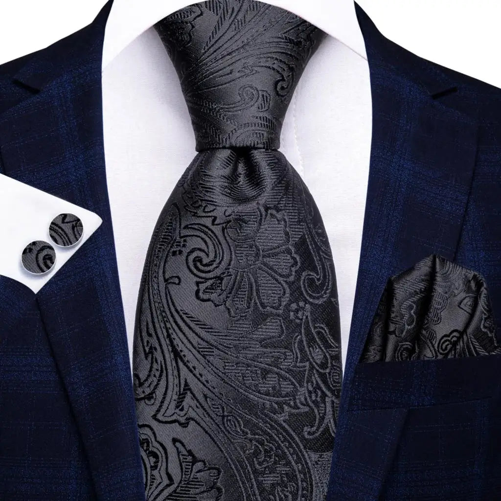 Black Floral Silk Wedding Tie Set - Elegant Necktie with Handkerchief Cufflinks for Men