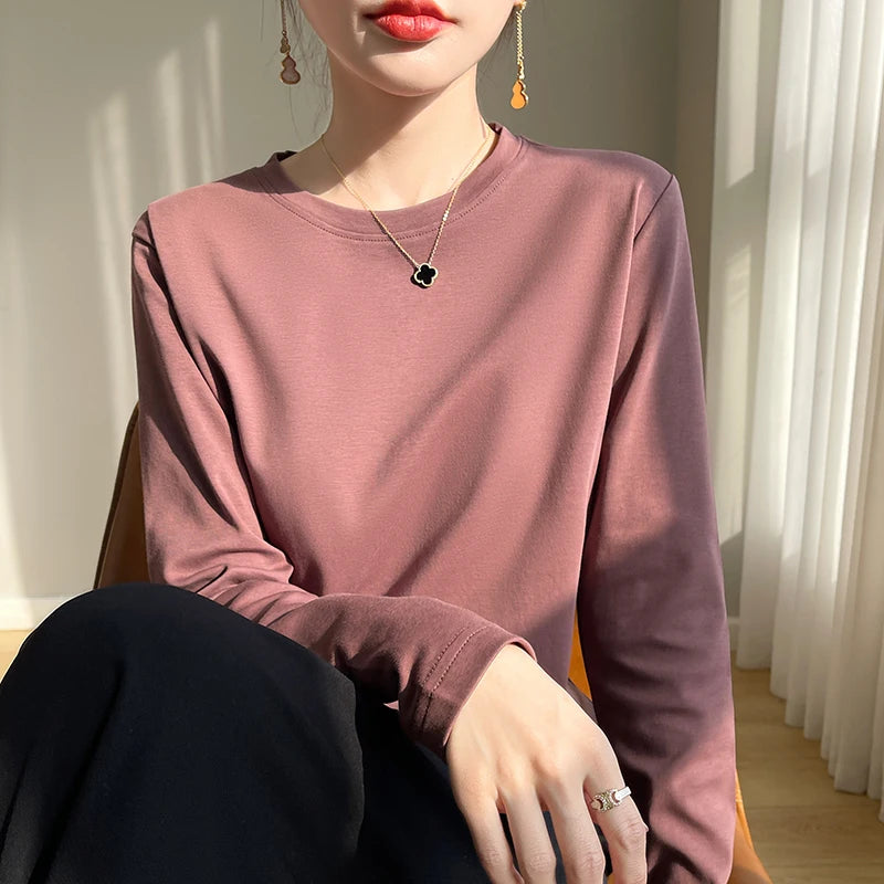 100 Cotton Womens Long-Sleeved Round Neck T-Shirt - Loose Bottoming Top for Spring Autumn