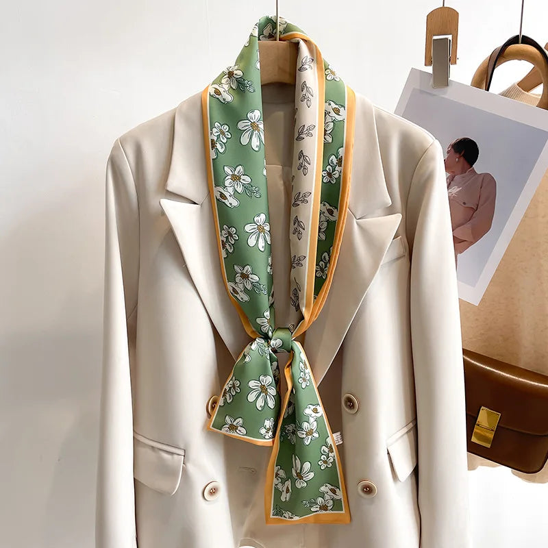 Floral Silk Scarf - Long Ribbon Neck Tie Headband for Women