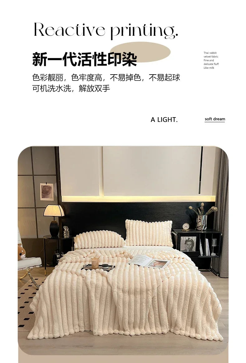 Artificial Rabbit Plush Blanket - Soft Coral Fleece Throw for Bed Sofa - ZOOMNSTORE