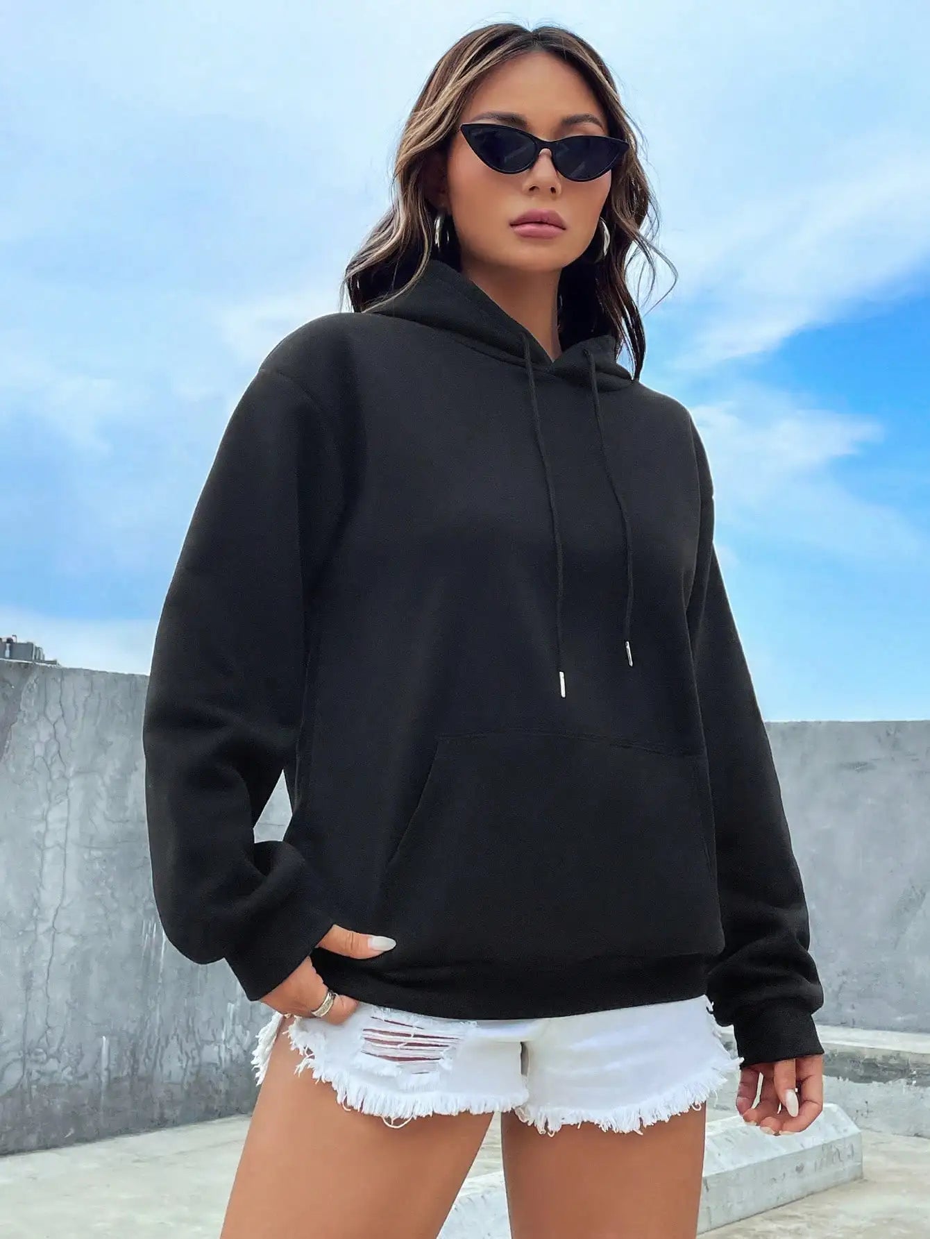 Casual Solid Color Hoodie for Women - Fleece Pocket Pullover