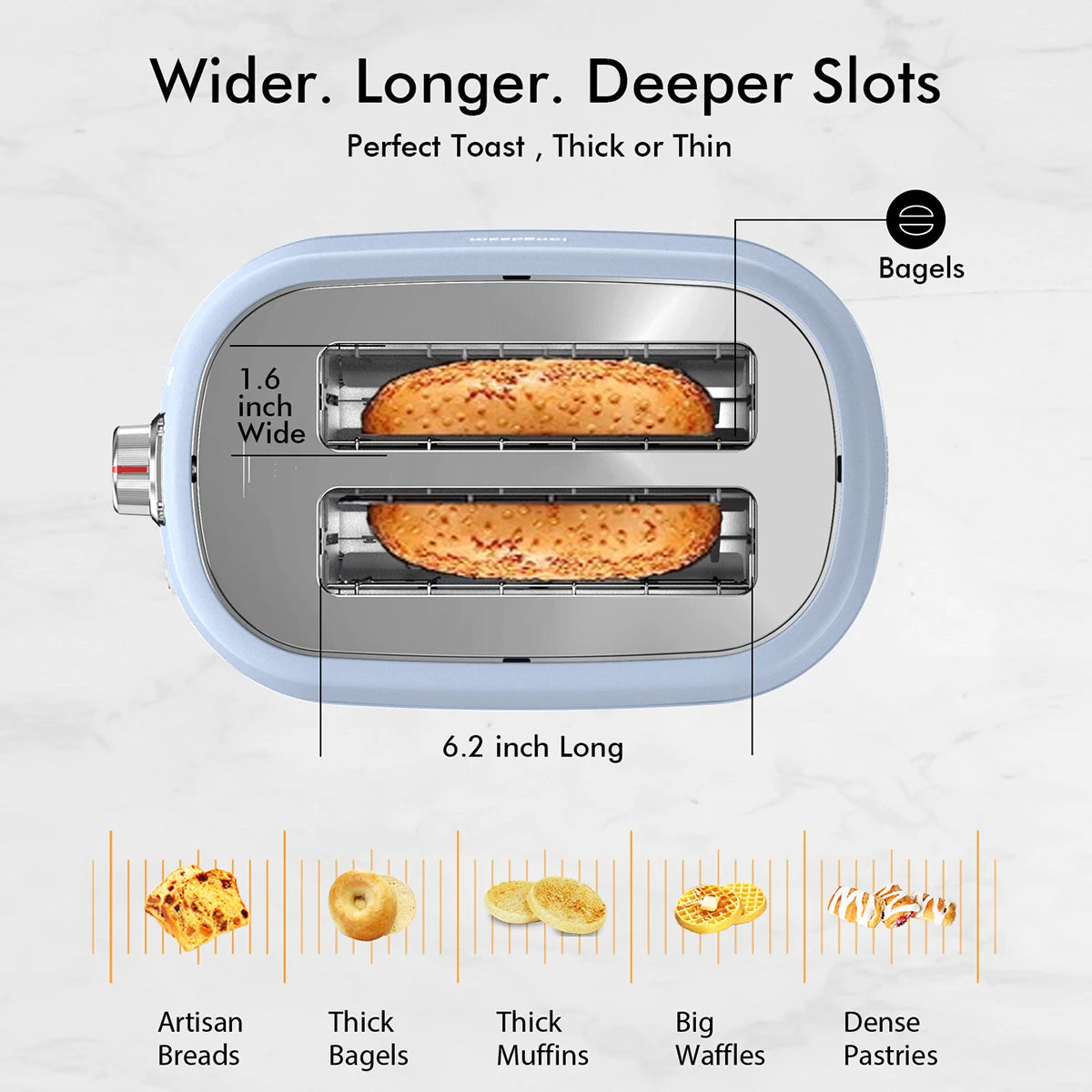 Extra Wide Slot Toaster - 2 Slice with 6 Browning Options Auto Shut Off Frozen Function Blue