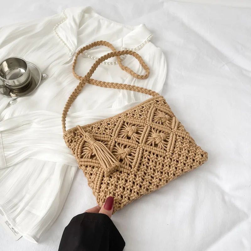 Handmade Cotton Crossbody Bag - Vintage Tassel Shoulder Messenger for Women Summer Beach Handbag 2023