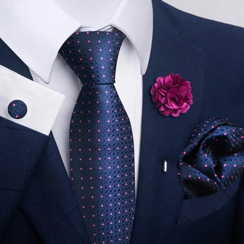 Luxury Mens Floral Black Gold Tie Set - Paisley Necktie Pocket Square Cufflinks Brooch for Weddings and Parties