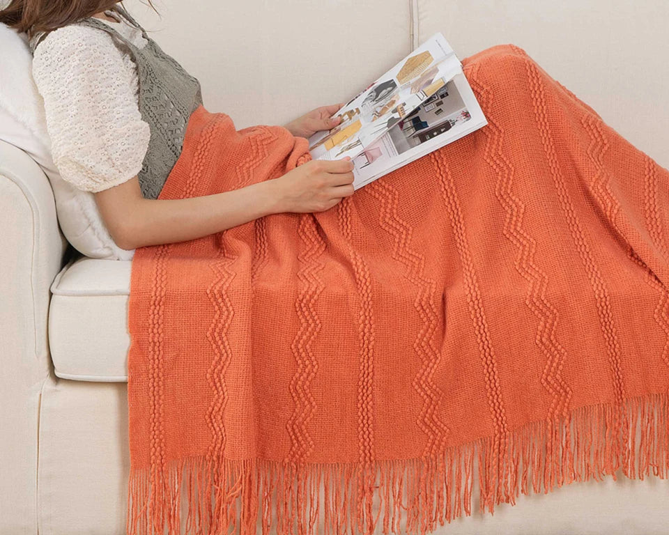 Caramel Knit Throw Blanket - Lightweight Plaid Blanket for Couch and Bed