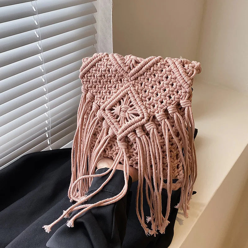 Handmade Cotton Crossbody Bag - Vintage Tassel Shoulder Messenger for Women Summer Beach Handbag 2023