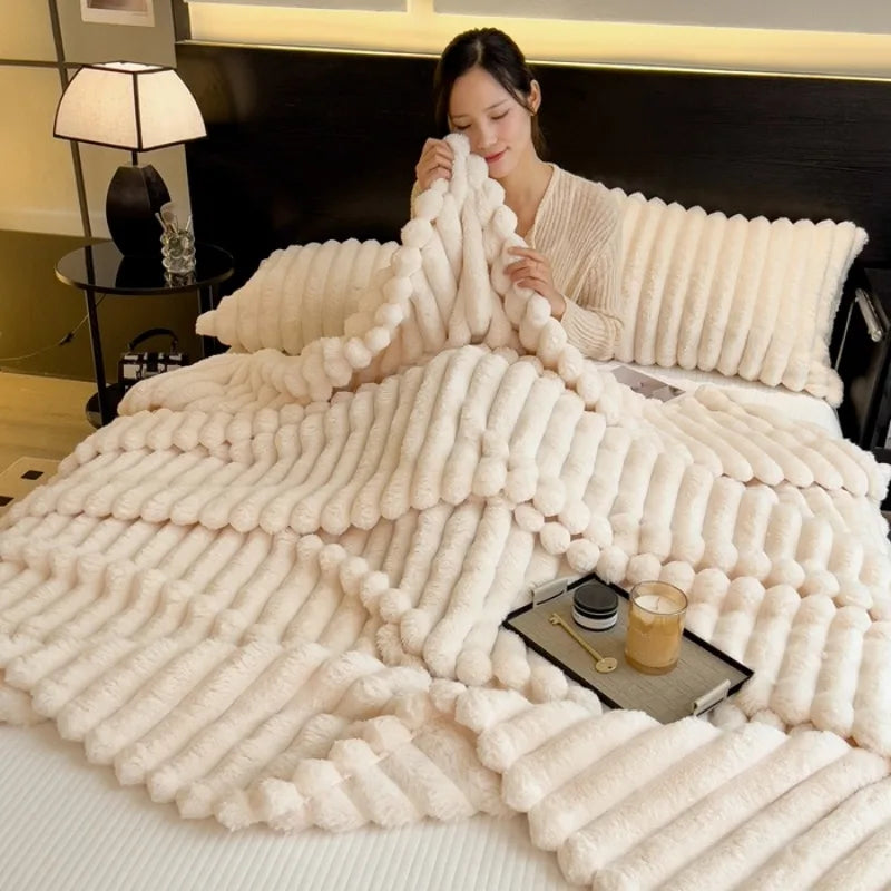 Artificial Rabbit Plush Blanket - Soft Coral Fleece Throw for Bed Sofa - ZOOMNSTORE