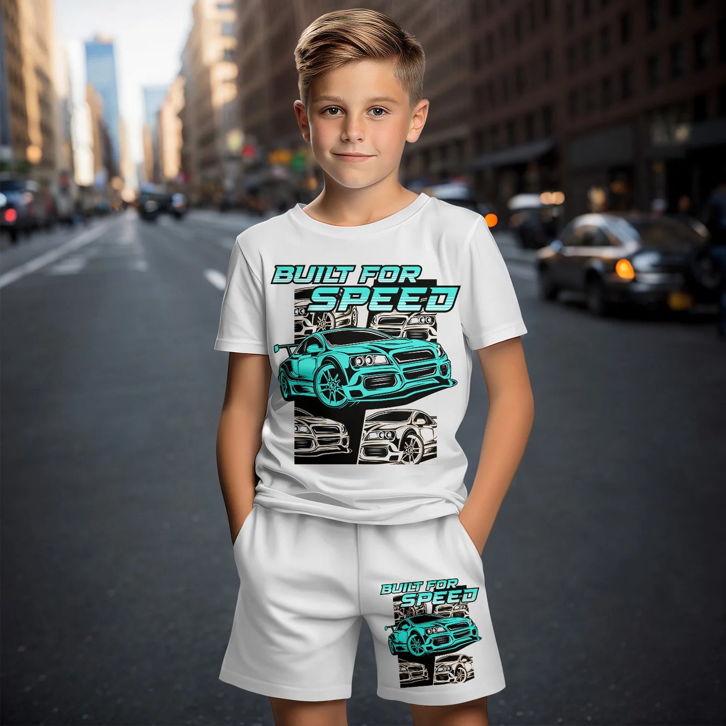 2024 New Car Summer Short Sleeve T-Shirt Suit Shorts Children Toddler Infant Clothing 3D Cartoon Print Fashion Boys Girls