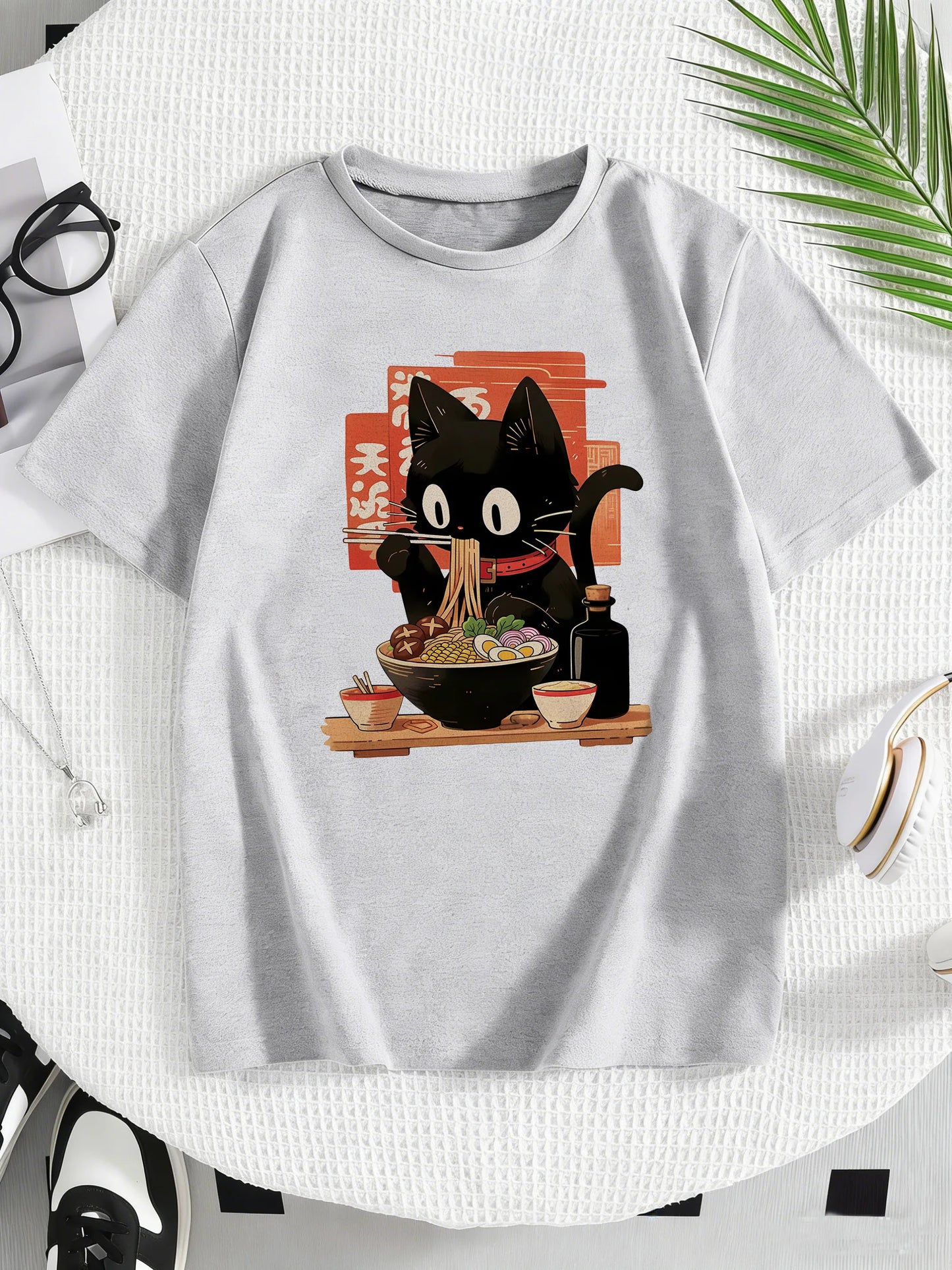 Cat Eat Ramen Kawaii Design Prined T Shirts Manga Kids Children's T-shirt Boys Girls Summer Spring Casual Top Tee