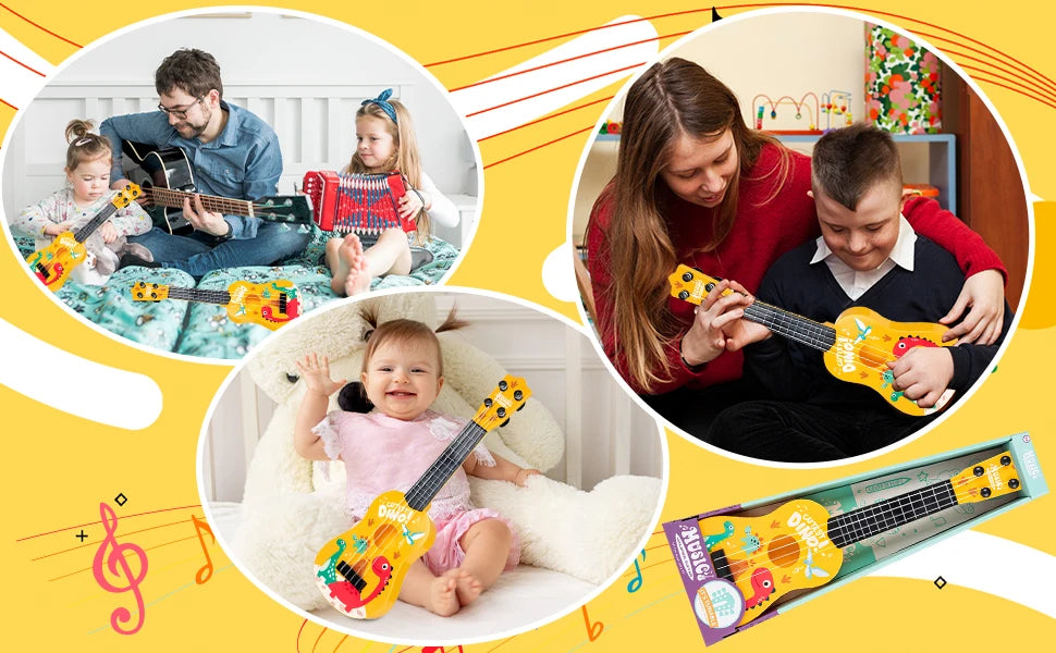 17 Inch Mini Kids Classical Guitar 4-String Ukulele - Dinosaur Design, Christmas Birthday Gift, Musical Toy for Beginners, Party