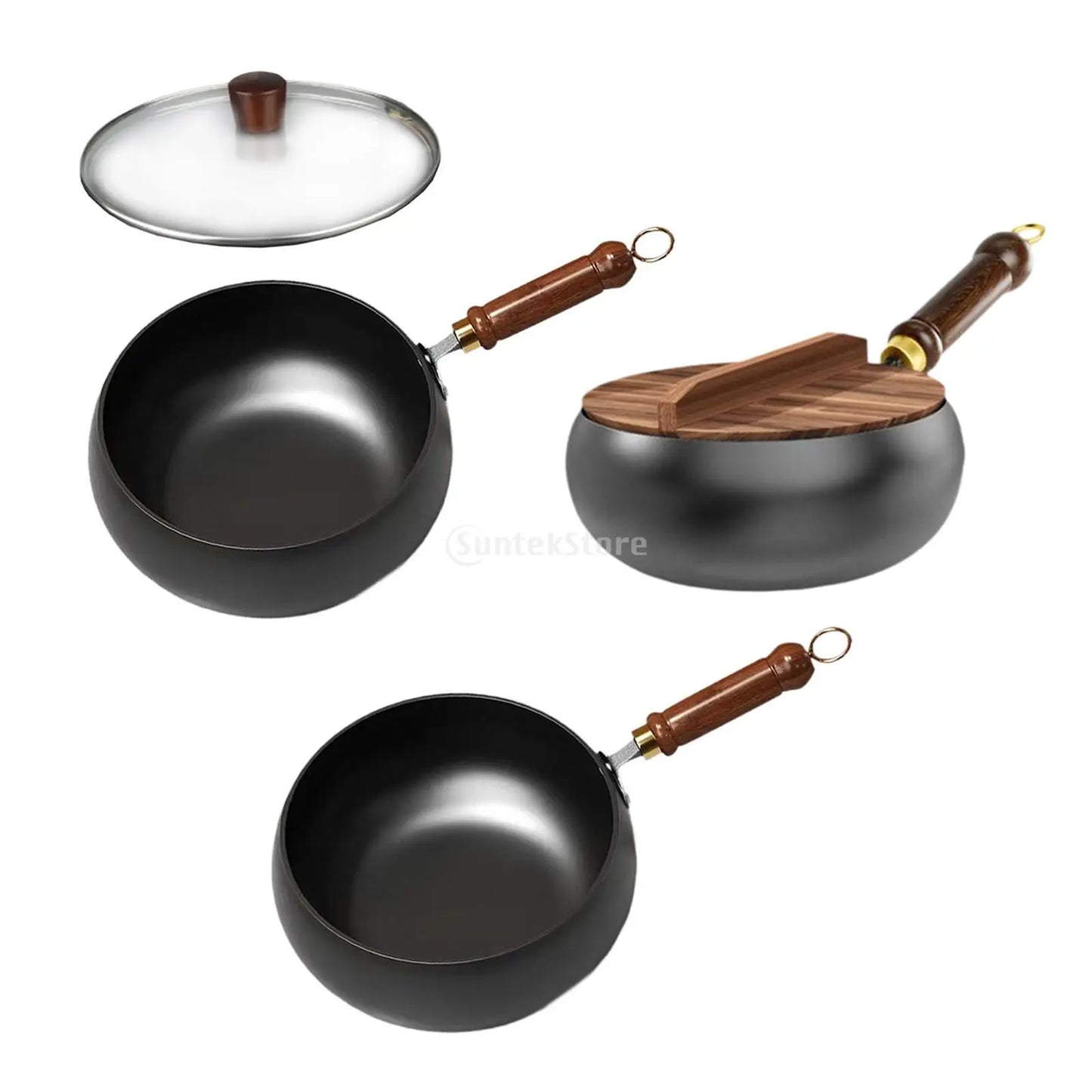 Nonstick Iron Wok with Wood Handle - Gas Stir Fry Pan for Home and Camping