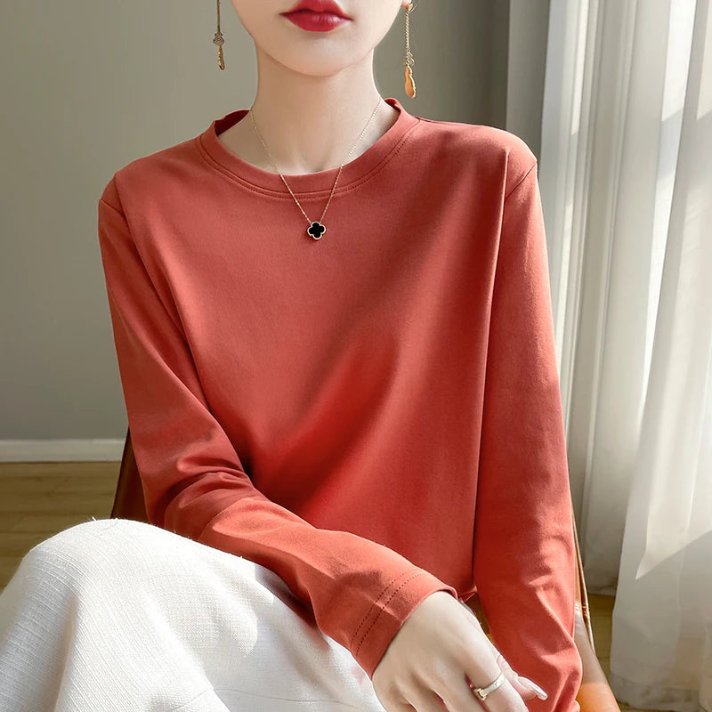 100 Cotton Womens Long-Sleeved Round Neck T-Shirt - Loose Bottoming Top for Spring Autumn
