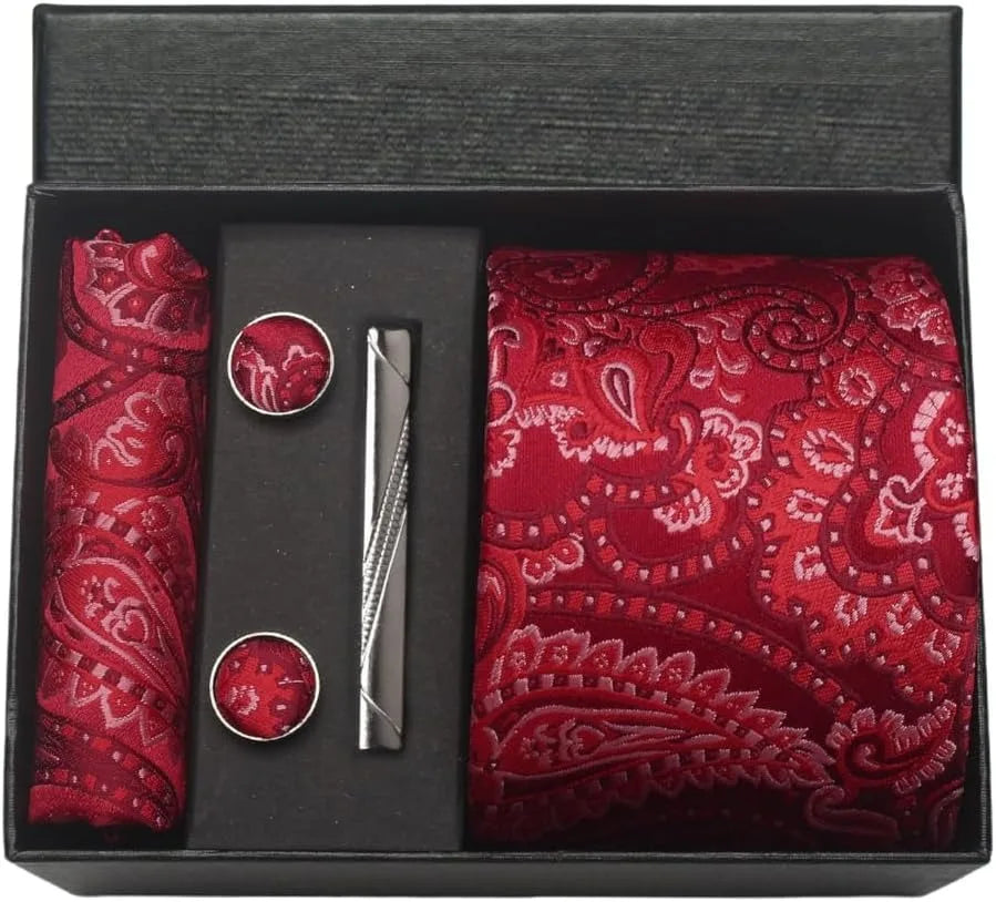 Silk Necktie Set - Paisley Floral Tie with Pocket Square Tie Clip Cufflinks for Men in Gift Box