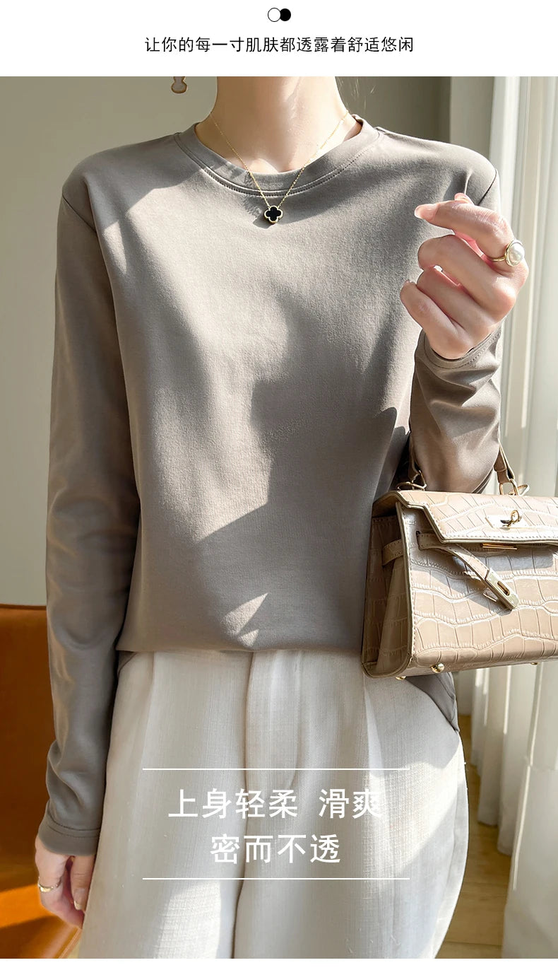 100 Cotton Womens Long-Sleeved Round Neck T-Shirt - Loose Bottoming Top for Spring Autumn - ZOOMNSTORE