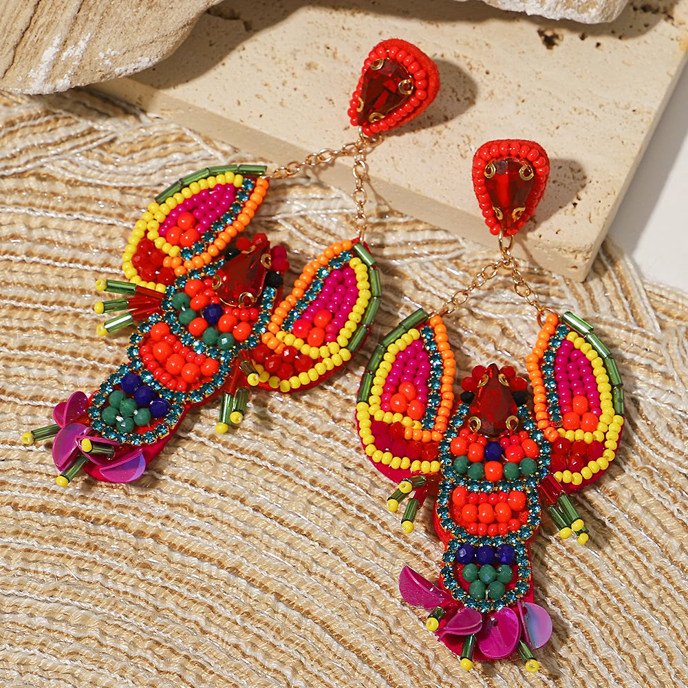 Bohemian Ocean Animal Earrings - Starfish Lobster Conch Seed Bead Drop Earrings for Women