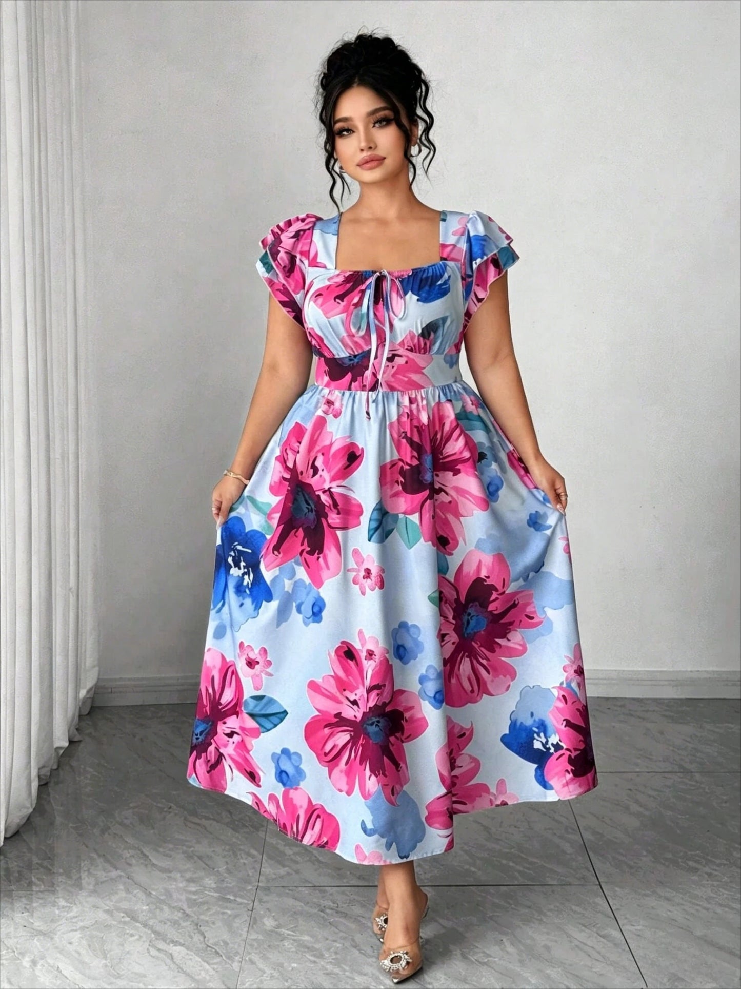 Plus Size Women's Elegant Blue Printed A-Line Dress, Slim Waist Fitted Casual Mini Dress for Daily Dating