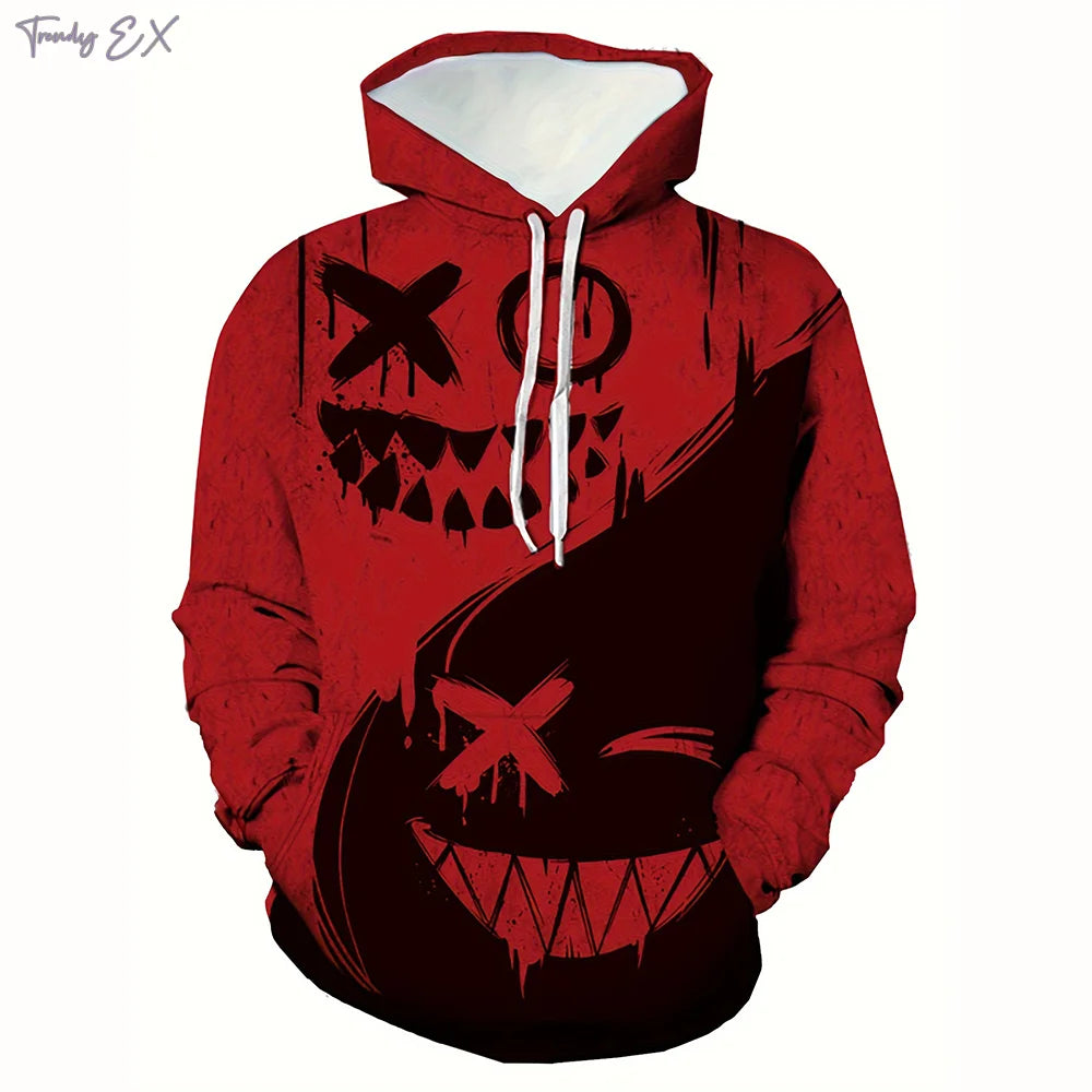 New autumn men's fashionable smiling face design printed soft and comfortable hooded sweatshirt outdoor streetwear