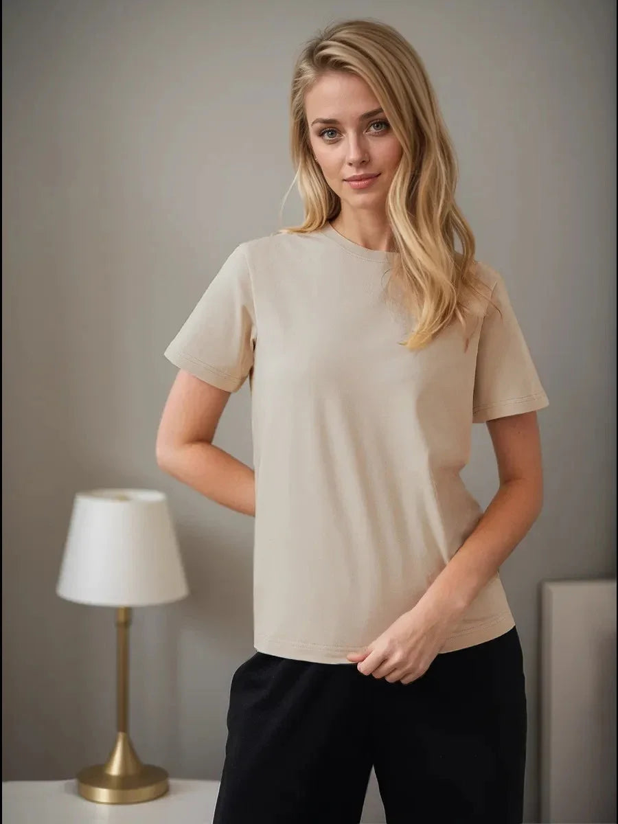 Cotton Summer Womens T-Shirt - Short Sleeve Loose Basic Top