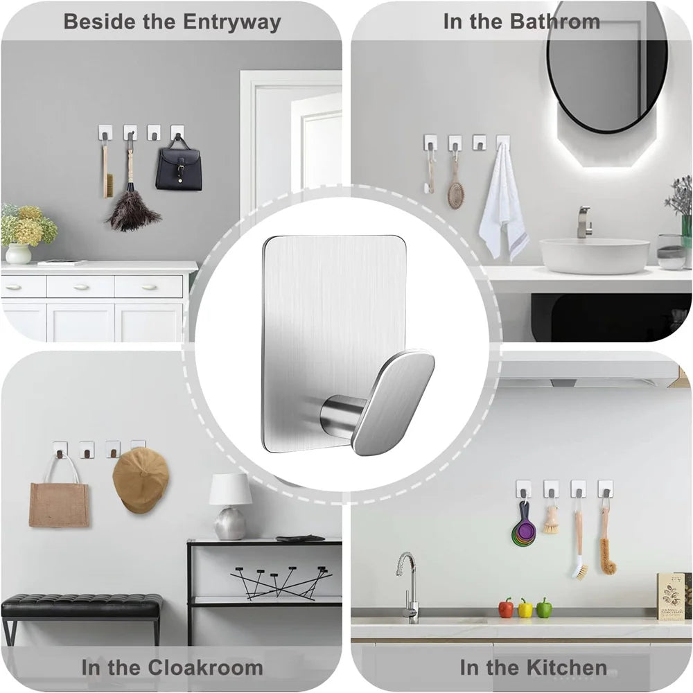 Heavy Duty Wall Hooks - Stainless Steel Adhesive Towel Clothes Hangers for Bathroom Kitchen - ZOOMNSTORE