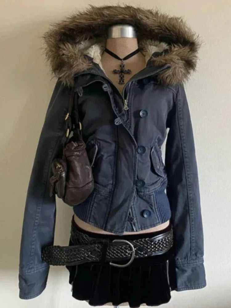 Vintage Punk Style Hoodie Long Sleeve Faux Fur Women Casual Zipper Hooded Gothic Y2K Subculture Harajuku Sweatshirts Autumn
