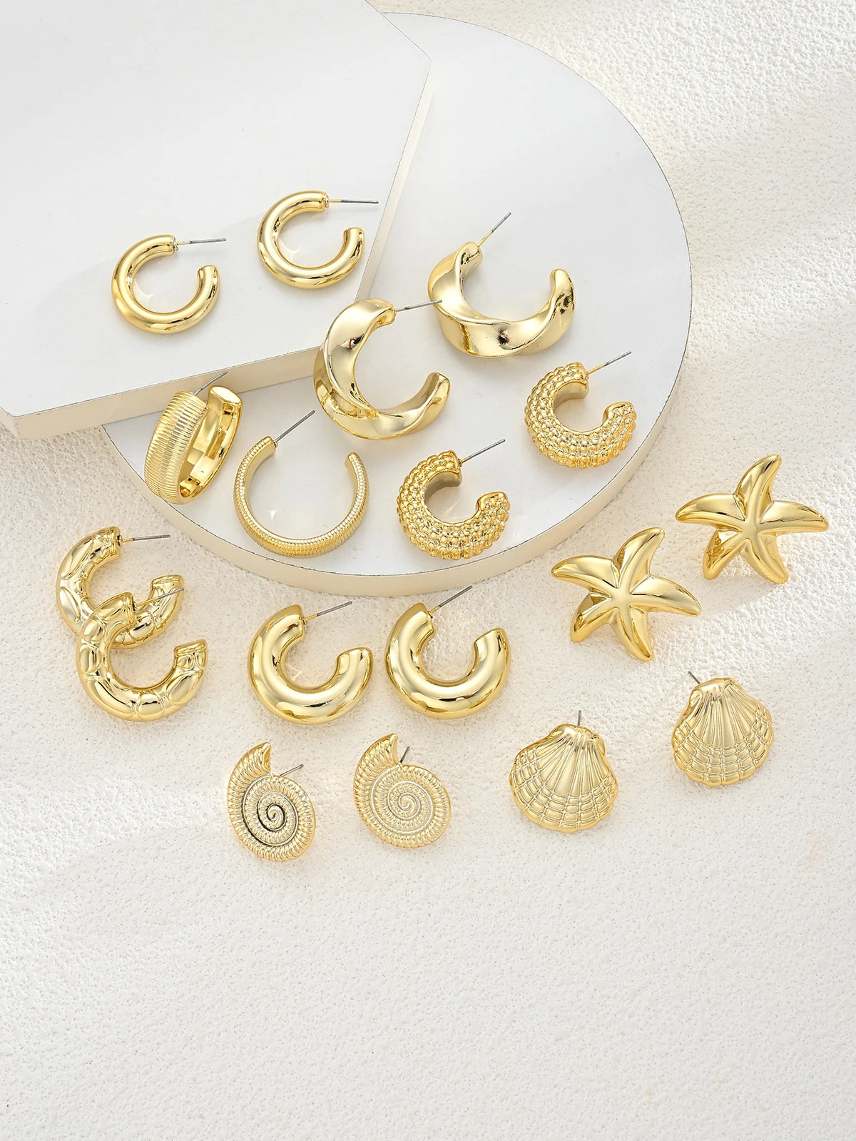 18-Piece Ocean Earring Set – Gold Starfish, Shell & Conch Hoops