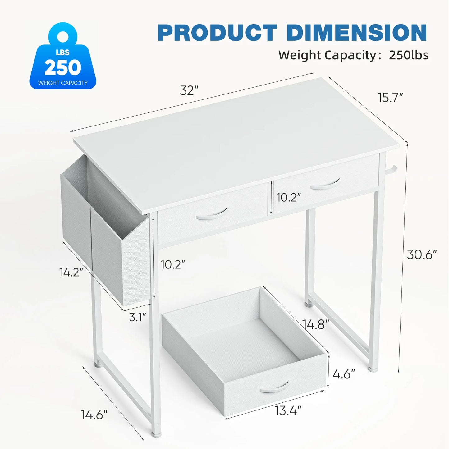 Modern Office Desk – Computer Desk with Storage Drawers, Metal Frame & Adjustable Feet