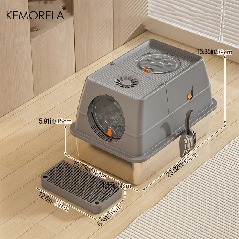 Stainless Steel Cat Litter Box with Lid - Odor-Proof High-Sided Easy Clean - ZOOMNSTORE