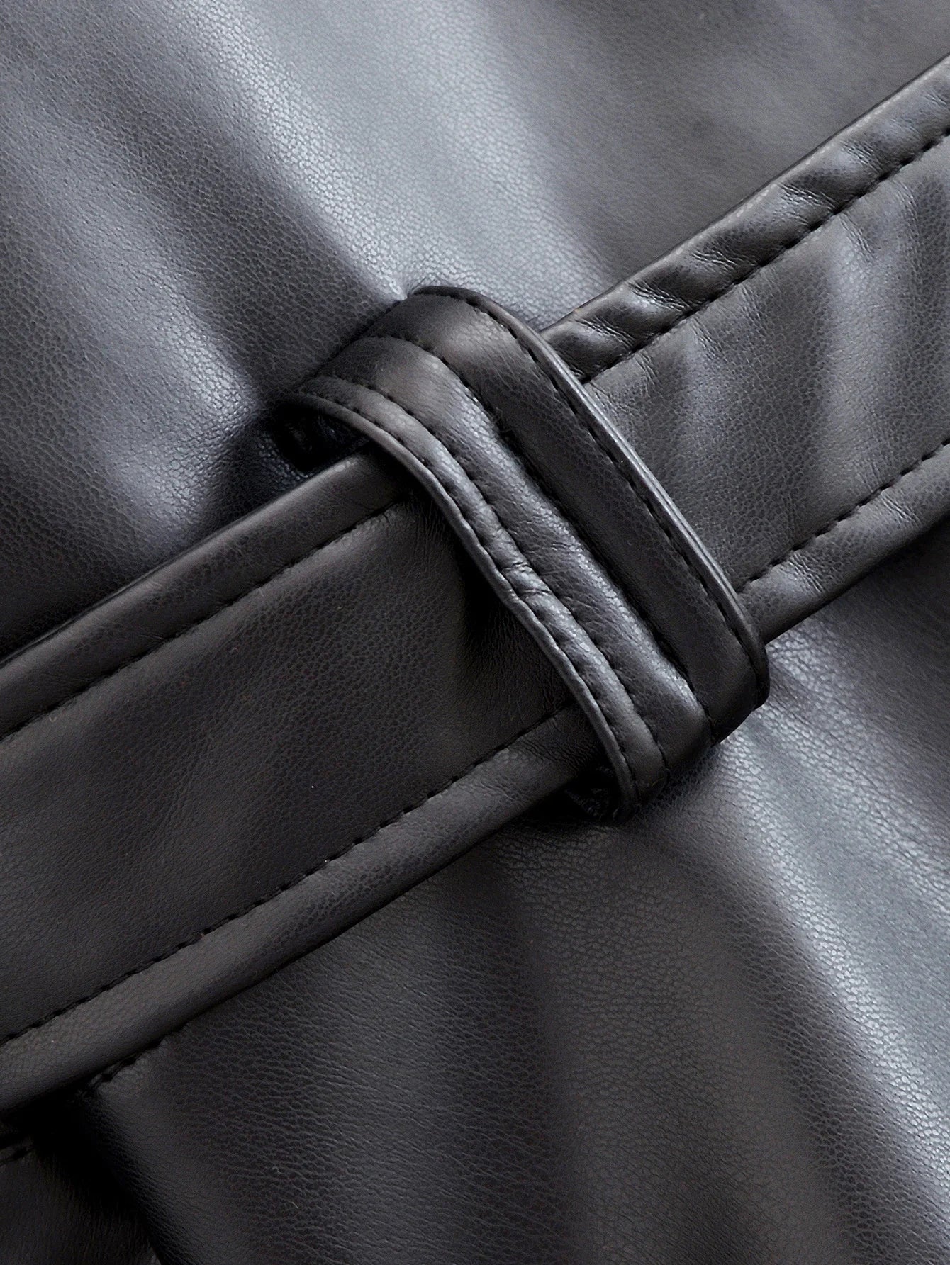 Faux Leather Trench Coat - Women's Black Belted Lapel Jacket With Zipper Closure