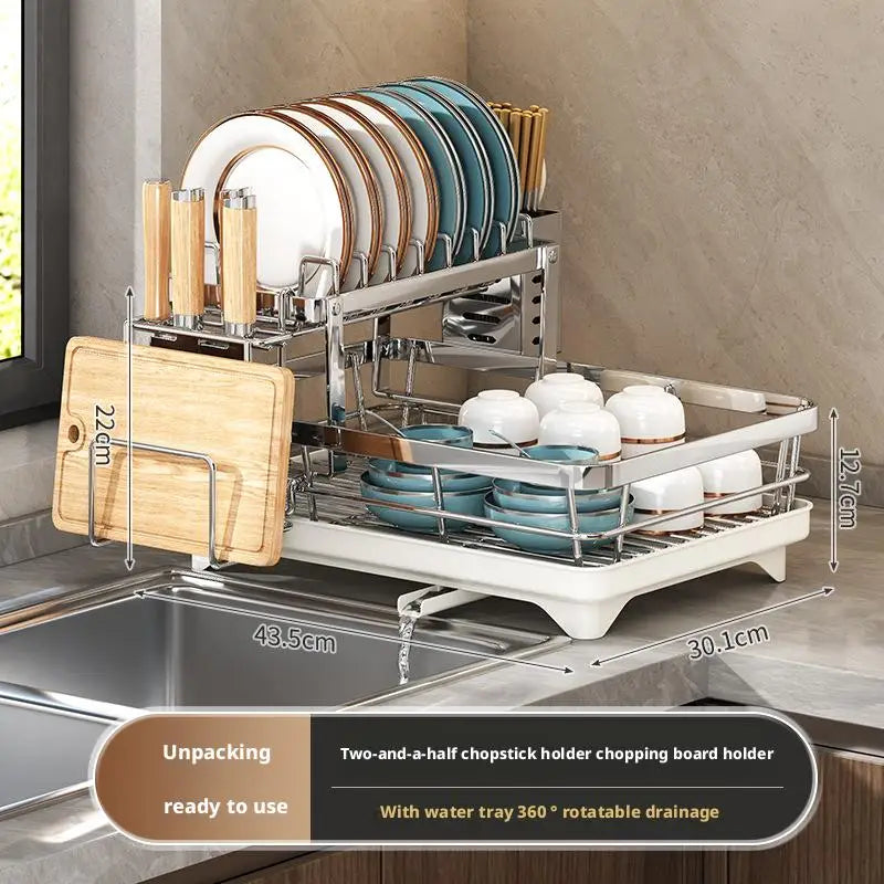 Dish Drying Rack - 2 Tier Stainless Steel Over Sink Shelf with Utensil Holder