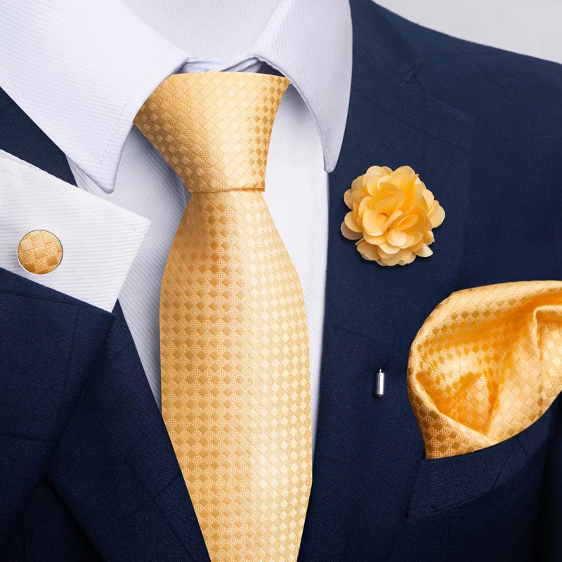 Luxury Mens Floral Black Gold Tie Set - Paisley Necktie Pocket Square Cufflinks Brooch for Weddings and Parties