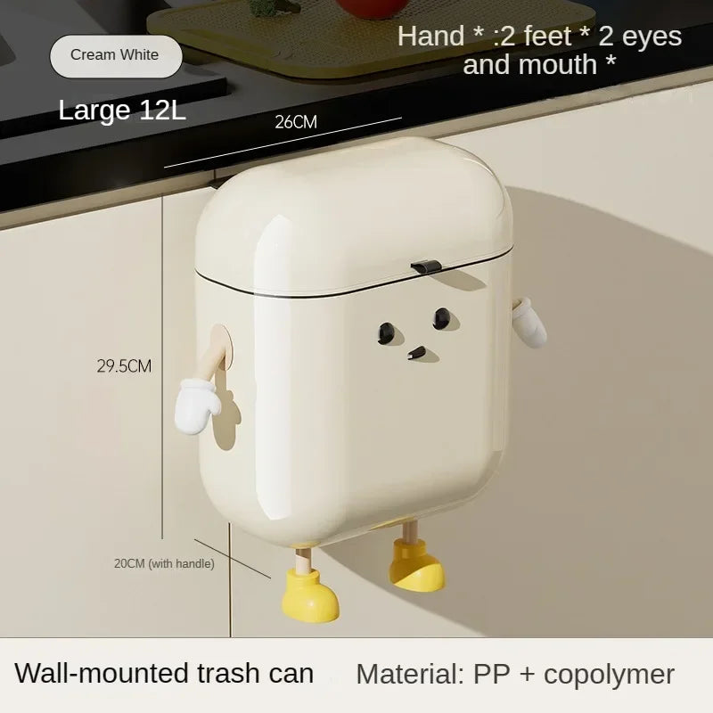 Wall-Mounted Kitchen Trash Can - 9L12L Cream with Lid for Food Waste Bathroom Use