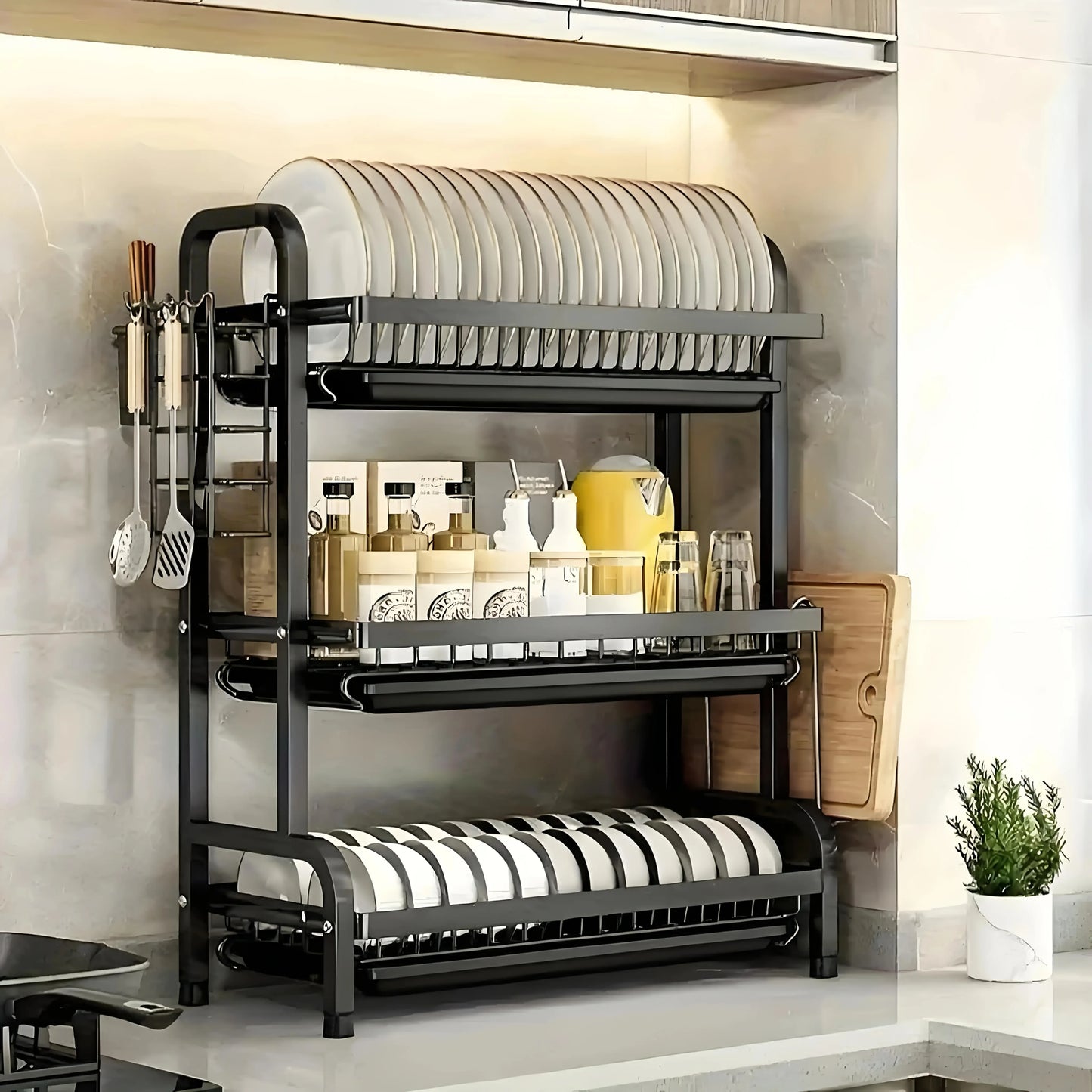 Large 2-3 Tier Vertical Dish Rack/Utensil Holder, Kitchen Storage Rack with Quick Drainage System, Knife and Fork Holder, Cutting Board Storage, Drying Rack - Heavy-Duty Carbon Steel Multifunctional Utensil Organizer, Suitabl