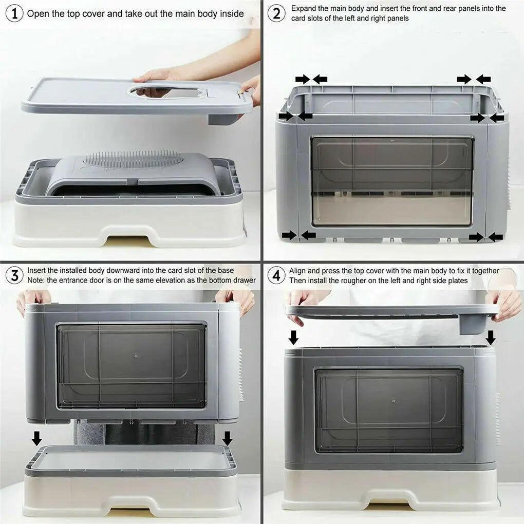 Foldable Cat Litter Box - Enclosed Front Entry Top Exit Toilet with Massager Scoop - ZOOMNSTORE