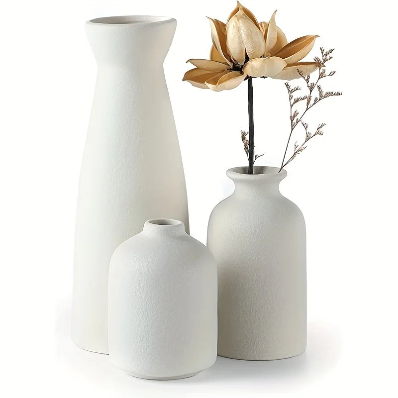 Set of 3 Rustic Ceramic Vases - Modern Farmhouse Decor for Living Room and Table - ZOOMNSTORE