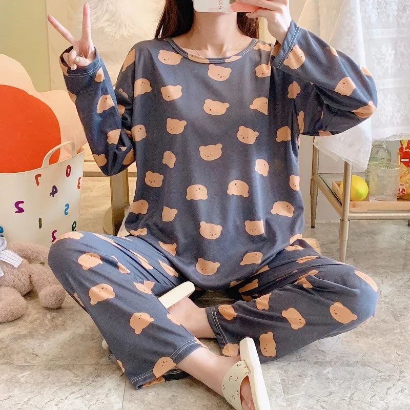 Pajamas Women Long Sleeve Pants Two-Piece Set Cute Sweet and Simple Student Homewear Crew Neck Pullover Long Pajamas Large Size