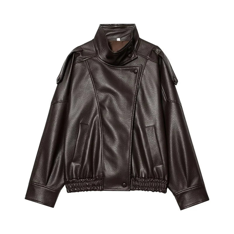 Faux Leather Jacket – Women's Bomber Jacket With Snap Button | Office Outerwear Coat