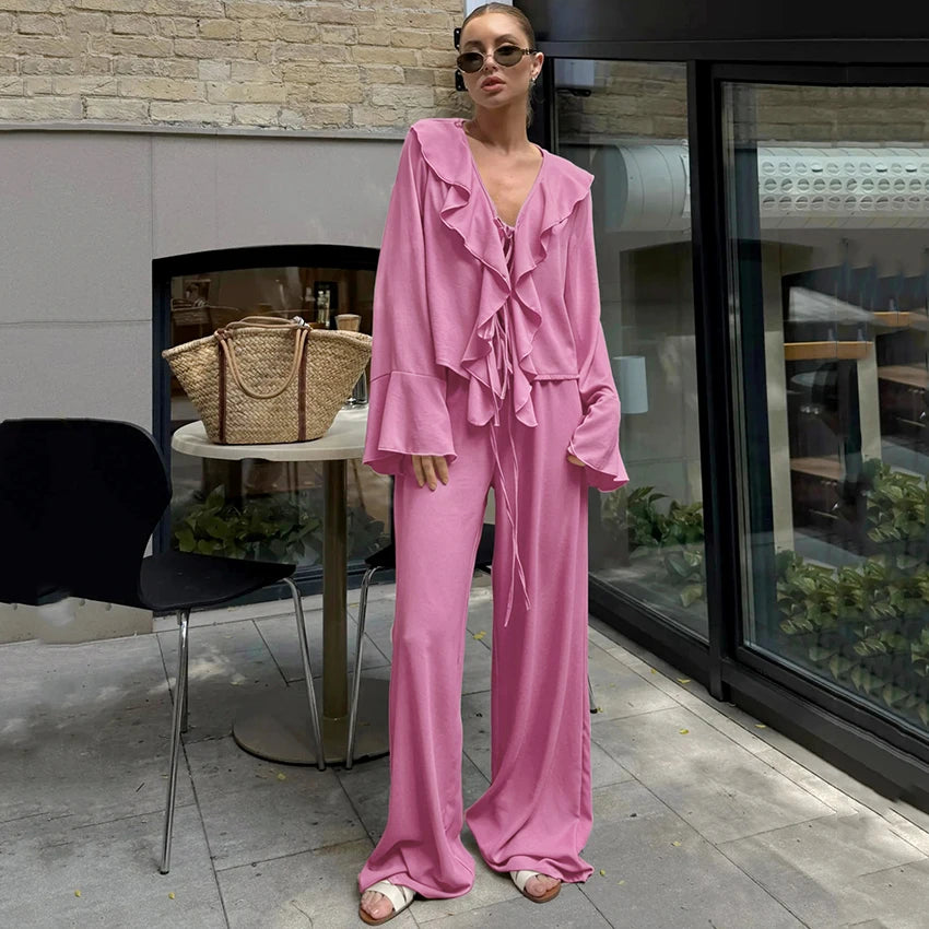 Linad Casual Loose Apricot Outfits Fashion Ruffles Flare Sleeve Blouse With High Waist Pant 2 Piece Sets Summer Long Pants Suits