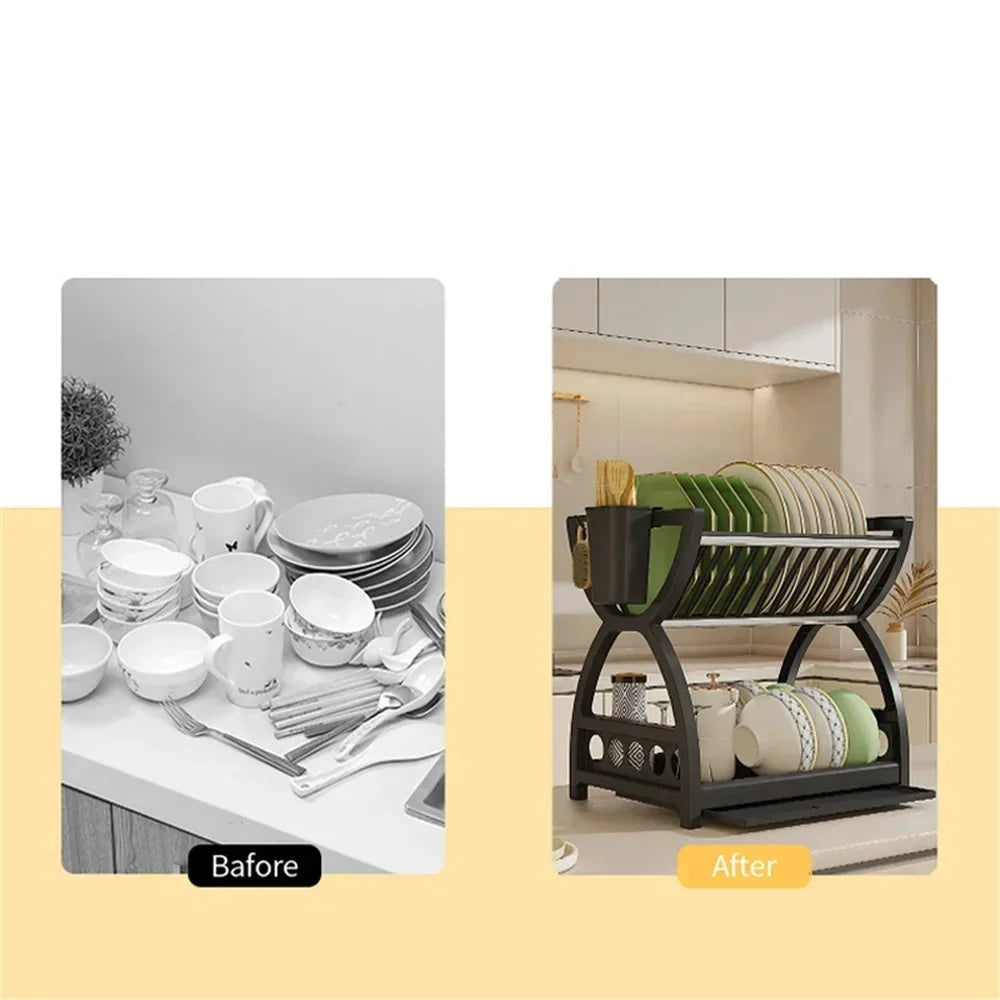 2-Tier Dish Drying Rack Kitchen Countertop Drainer Shelf Large Capacity Bowl Plate Organizer Space Saver with Utensil Holder