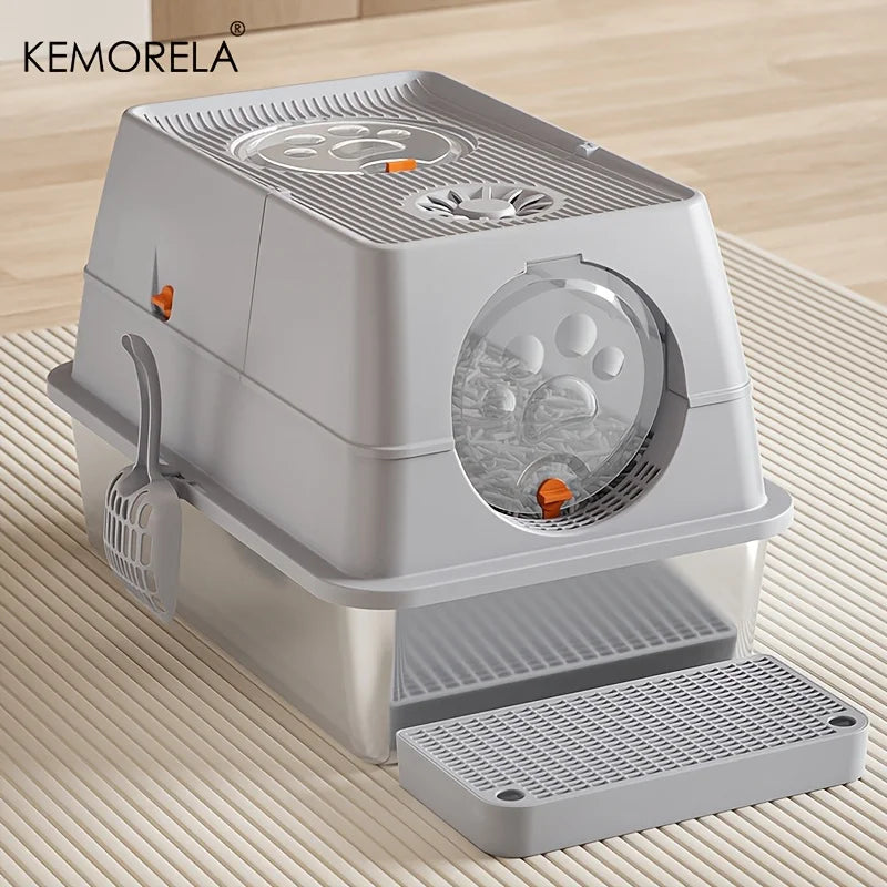 XL Stainless Steel Cat Litter Box - Enclosed High-Sided Removable Scoop for Big Cats - ZOOMNSTORE