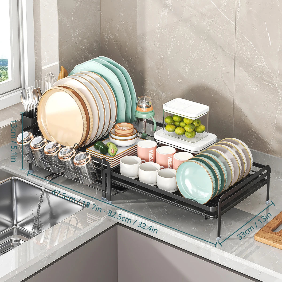Expandable Dish Rack - Adjustable Kitchen Countertop Organizer with Utensil & Cup Holders
