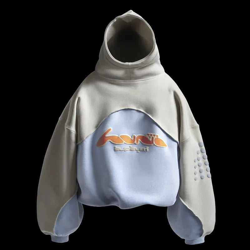 Aesthetic Contrast Stitching Creative Foam Printing Fashion Casual Hoodie High Street Harajuku Hip Hop Rock Long Sleeve Pullover
