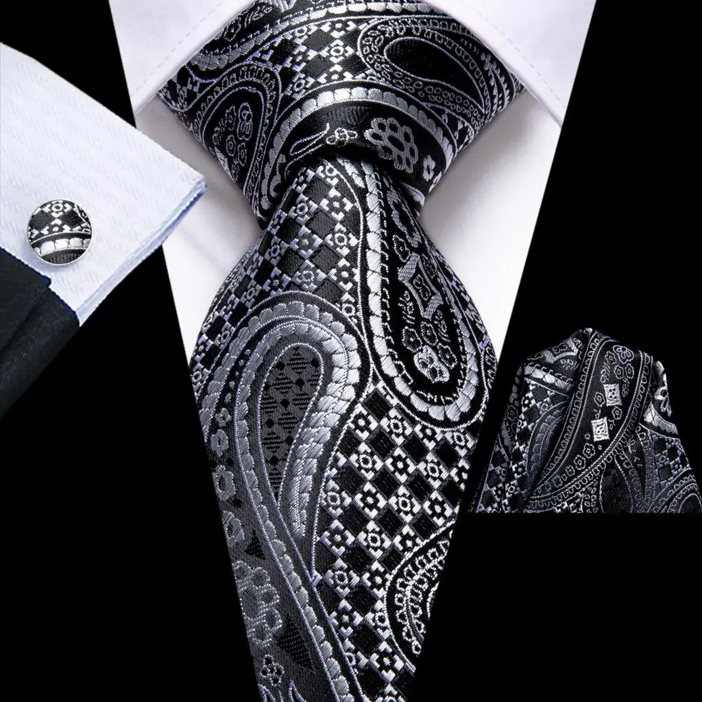 Black Floral Silk Wedding Tie Set - Elegant Necktie with Handkerchief Cufflinks for Men