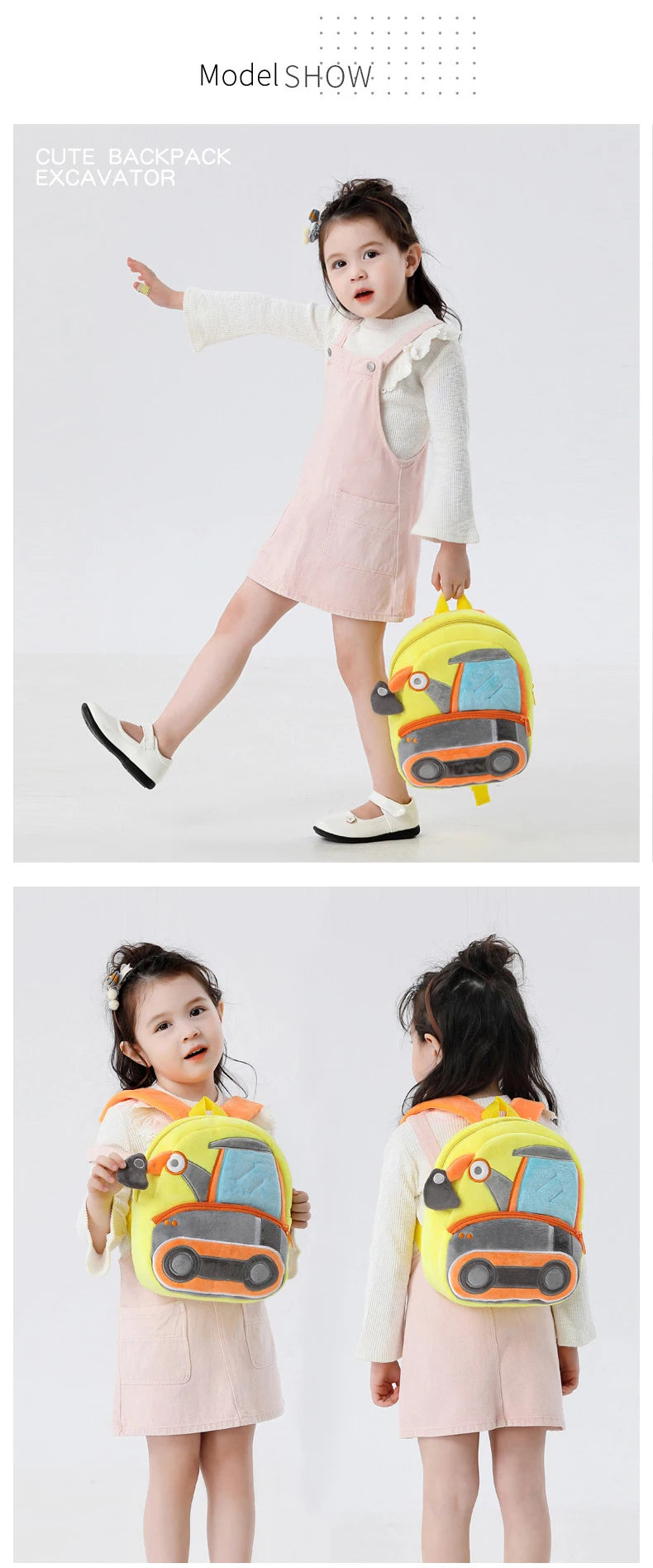 Kids Cartoon Excavator Backpack - Plush Engineering School Bag for Ages 2-4 - ZOOMNSTORE
