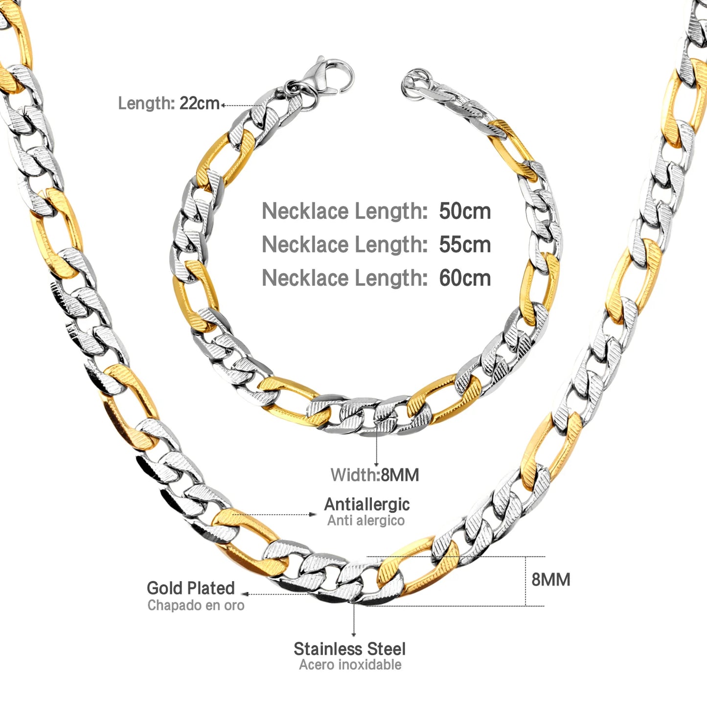 LUXUKISSKIDS Cuban Link Chain Necklaces Bracelets Set for Men/Woman 6/8/10mm Gold Color Stainless Steel Chain Punk Jewelry GIfts