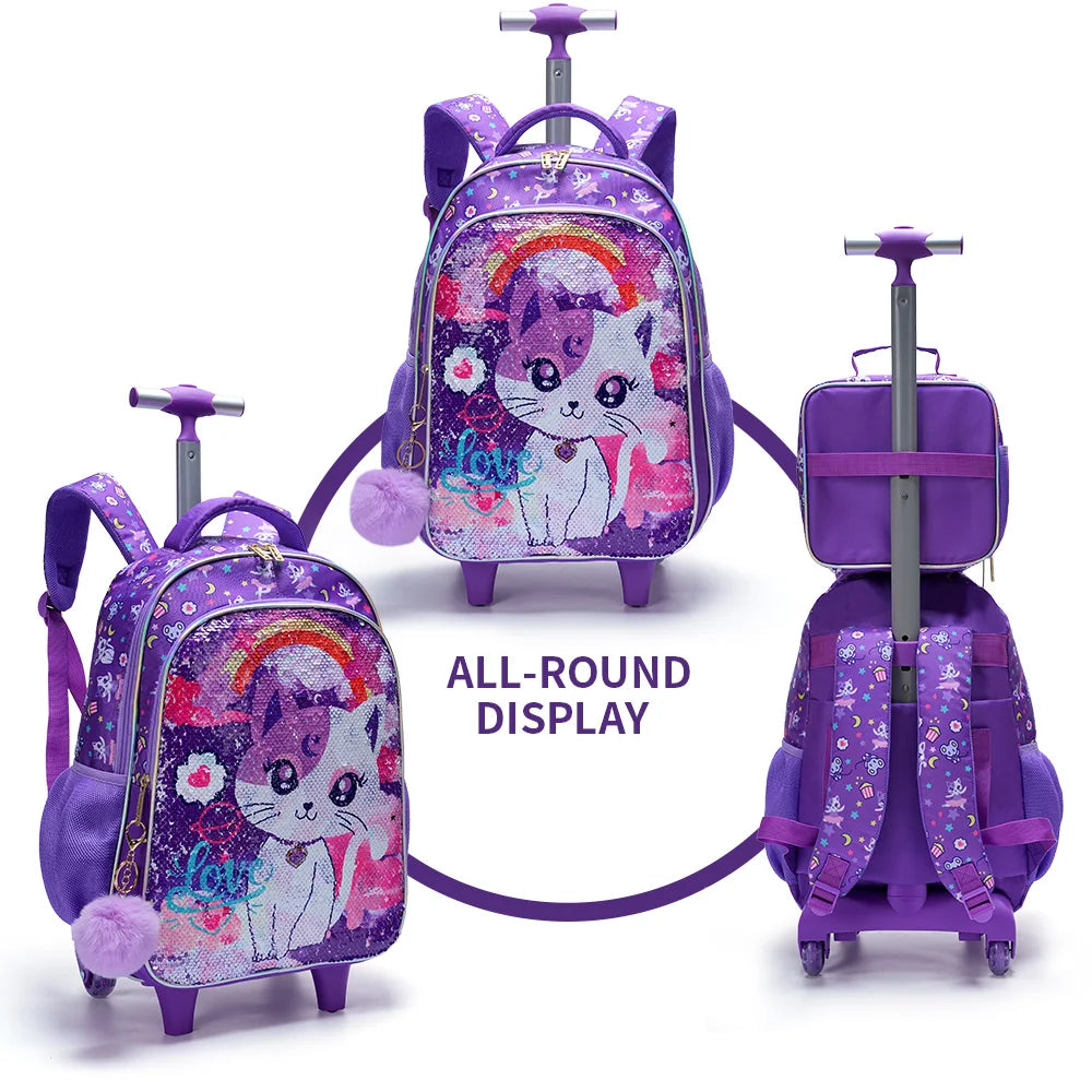 Rolling Backpack Set for Girls - Cute Cartoon Cat Wheeled Bookbag with Lunch Box Pen Bag - ZOOMNSTORE